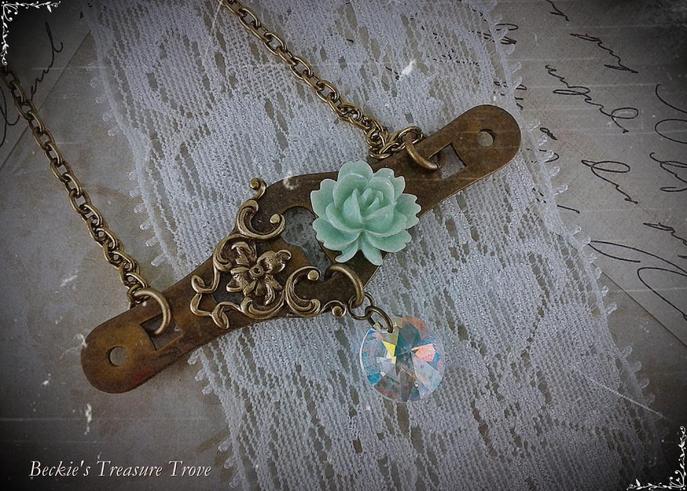 Antique Hardware Series / Repurposed Hardware Steampunk Necklace / Solid Brass Vintage Drawer Pull Filligree Accent Swarovski Crystal