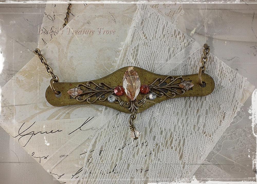 Antique Hardware Series / Repurposed Hardware Steampunk Necklace / Solid Brass Vintage Drawer Pull Filligree Accents with Cubic Zirconia